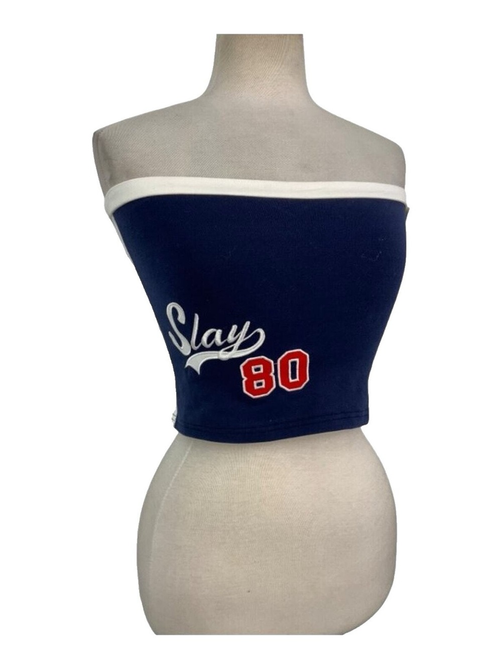 Edikted Navy Tube Skirt with White Trim and Red '80' Patch